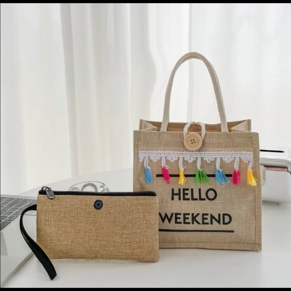 Hello Weekend tote bag with matching pouch